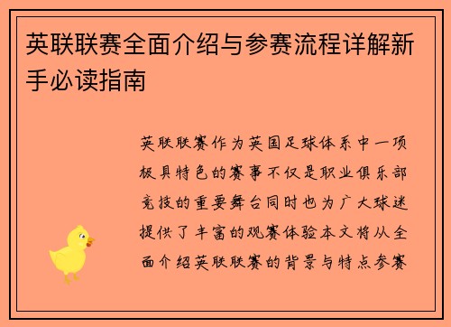 英联联赛全面介绍与参赛流程详解新手必读指南